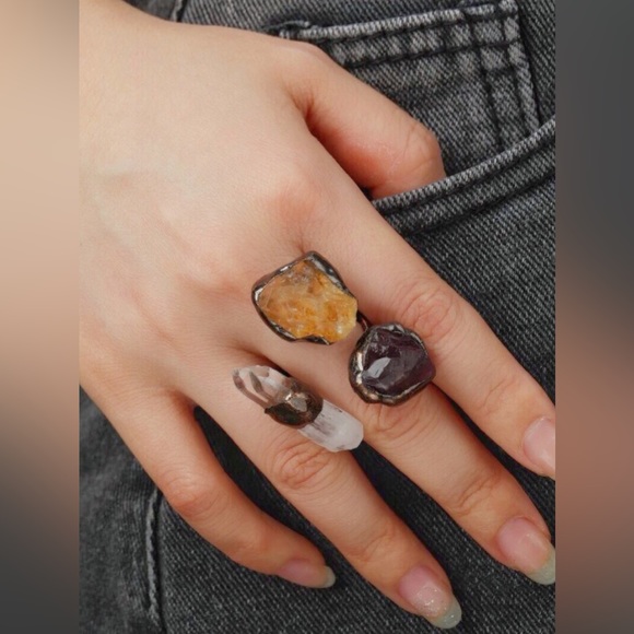 New Triple Crystal Gemstone Ring ~ Natural Amethyst Citrine Clear Quartz Copper - Picture 16 of 16